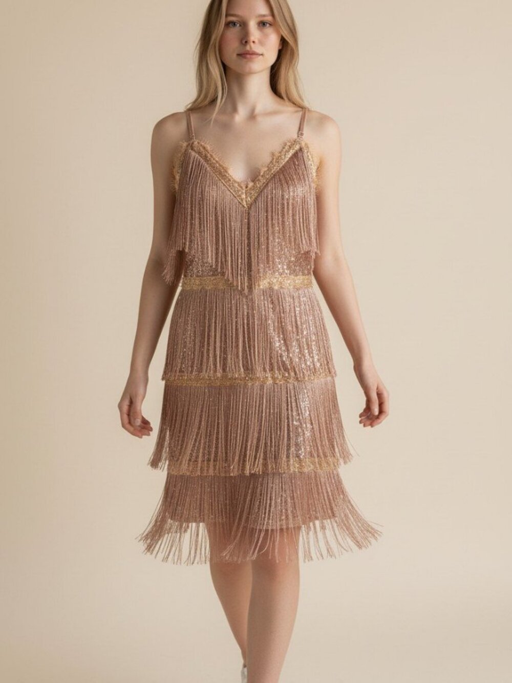 Rose Gold Sleeveless V Neck Sequin Dress with Fringe Detail Above Knee